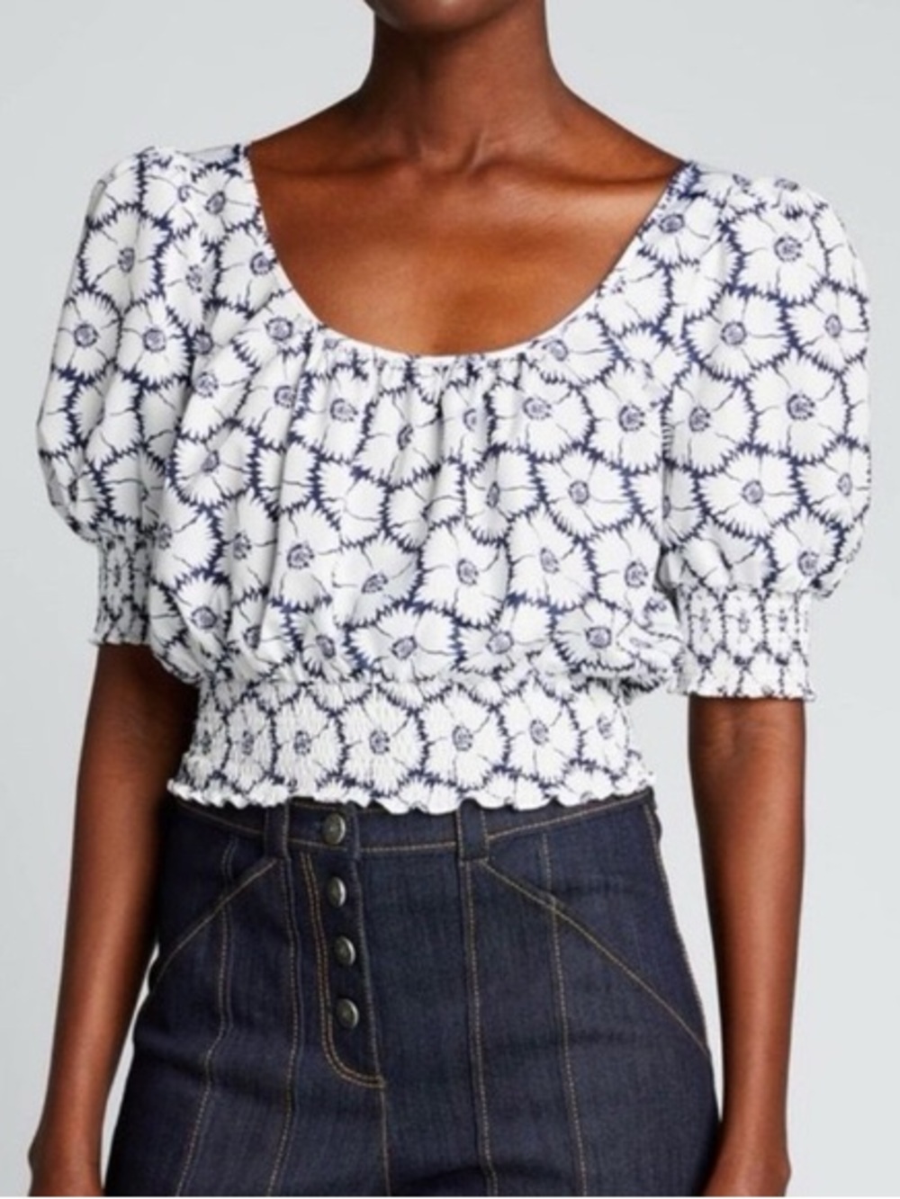 cinq a sept White Crop Top with Navy Floral Motif